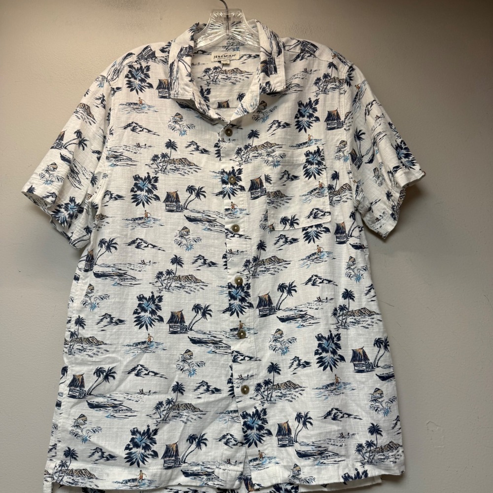 Jeremiah Button Down Shirt Mens Medium White Tropical Scenic Cotton Excellent